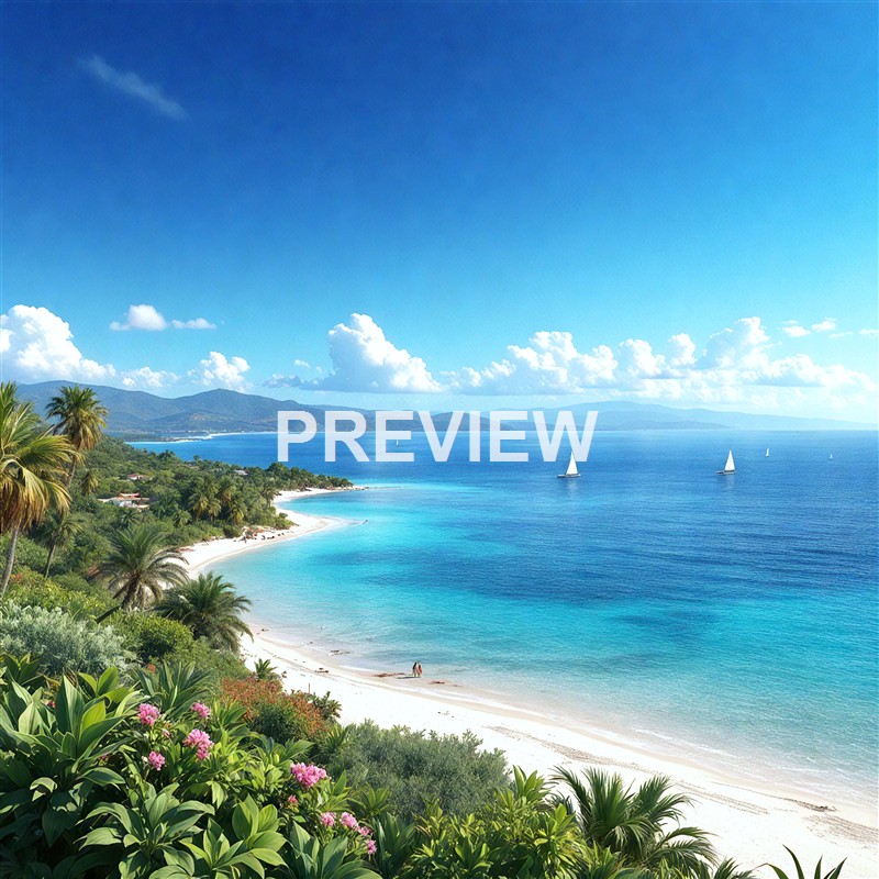 A scenic tropical beach with white sand, lush green vegetation, and sailboats floating on calm blue waters under a bright sky with scattered clouds.